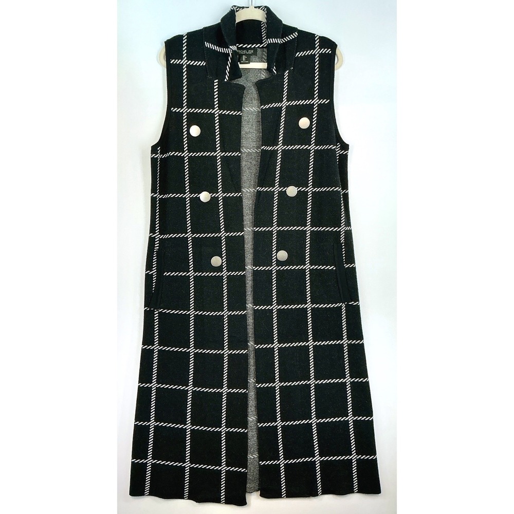 Rachel Zoe Long Vest Size L Black White Windowpane Sleeveless Academia‎